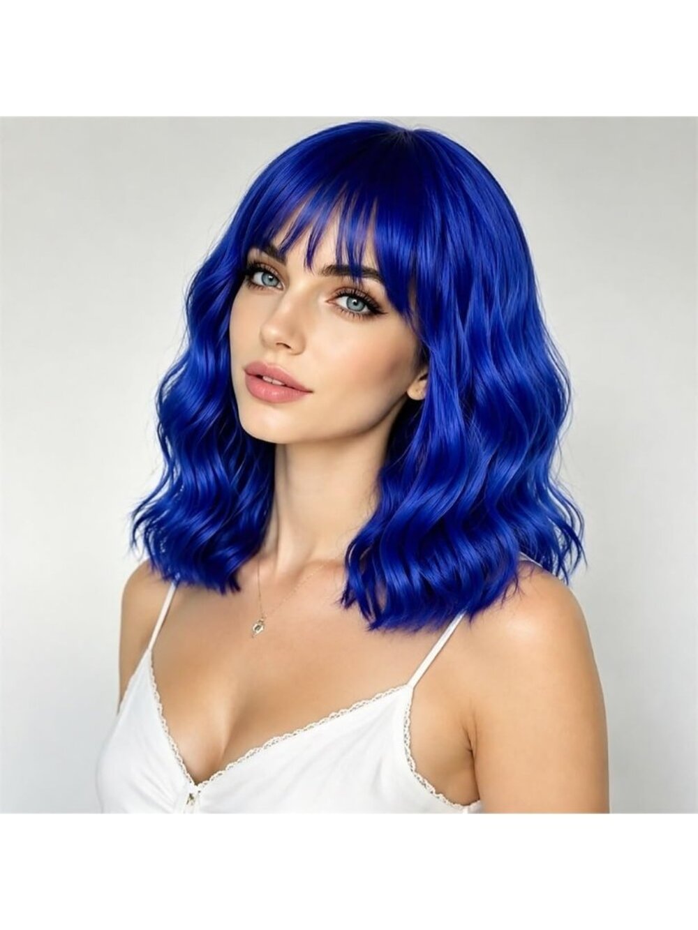 Women's Denim Blue Wavy Synthetic Shoulder Length Sweetie Bob Wig Bangs